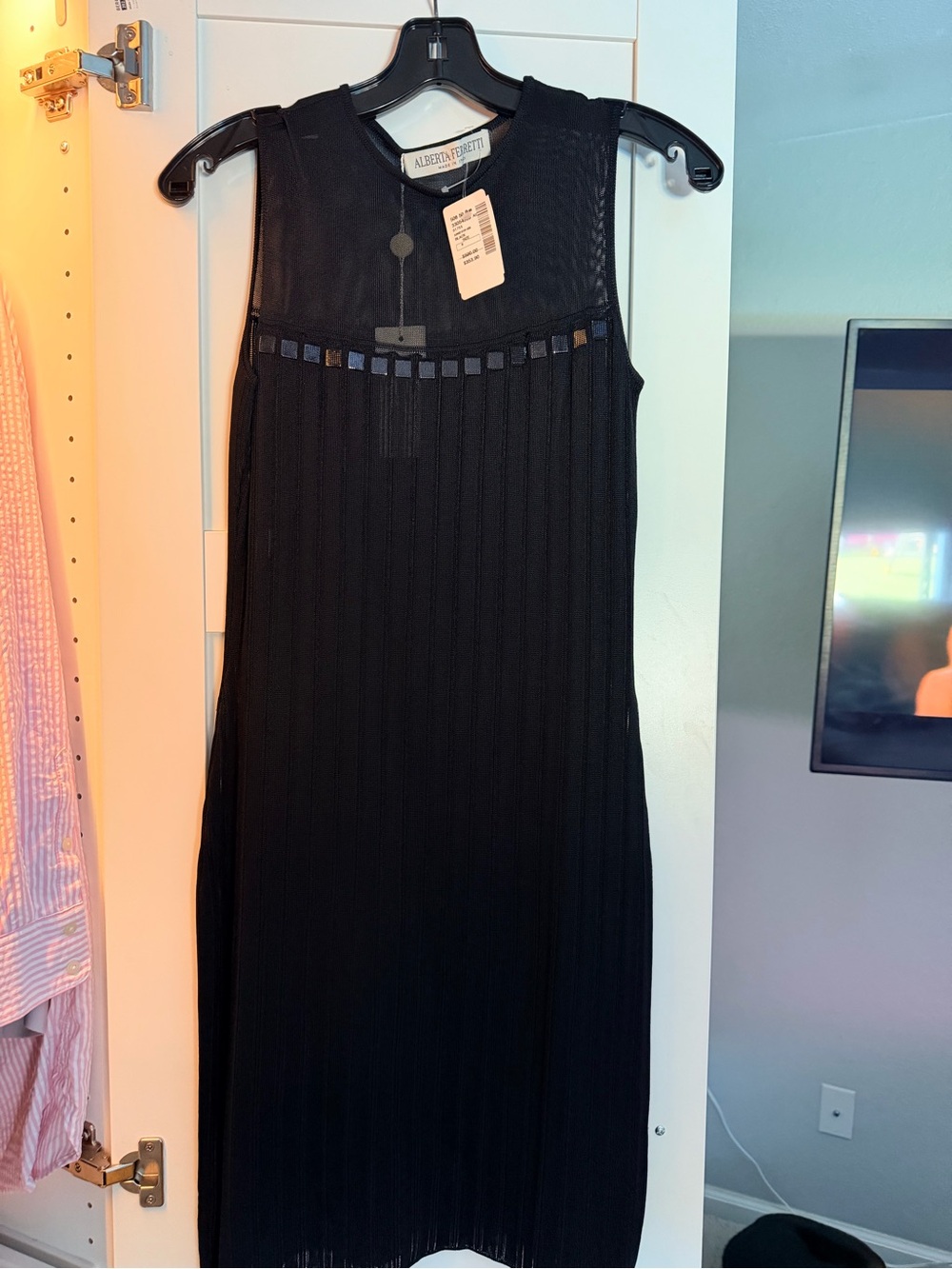 Alessandra Rich Black Sleeveless Ribbed Midi Dress with Square Trim
